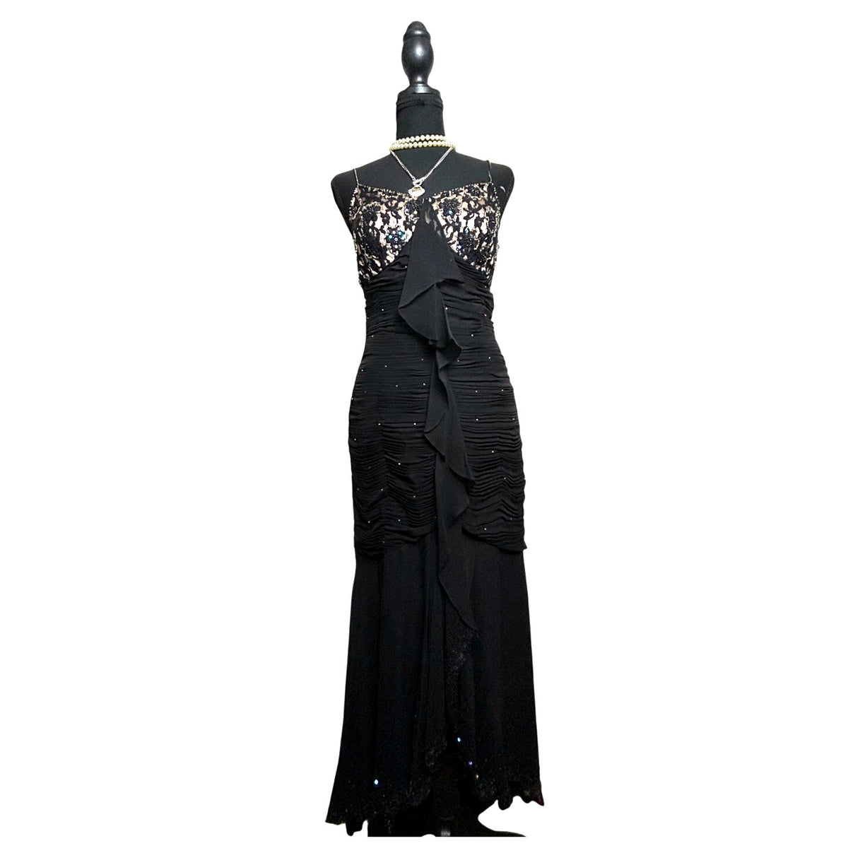 Cache Deadstock Black Embellished Chiffon Fishtail Dress