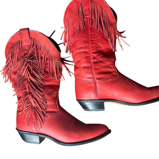 1980s Capezio Red Leather Fringe Boots Size 7 Vintage Cowboy / Western Style