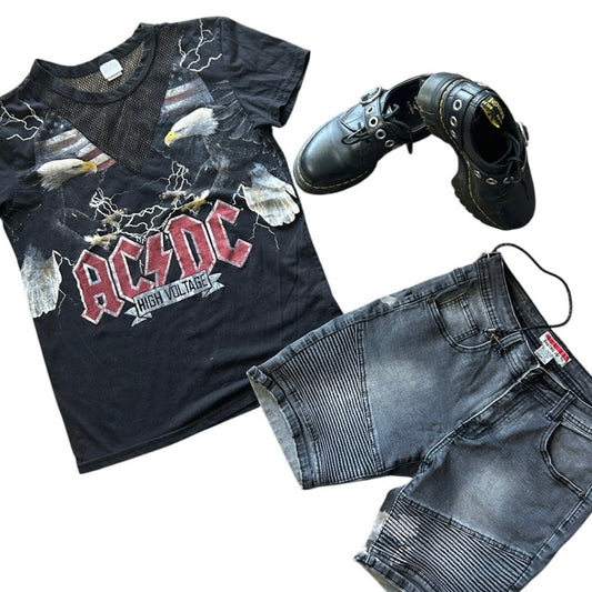 ⚡️ AC/DC Grunge Bundle Mesh Cutout Tee + Moto Jorts Y2K Alt Set