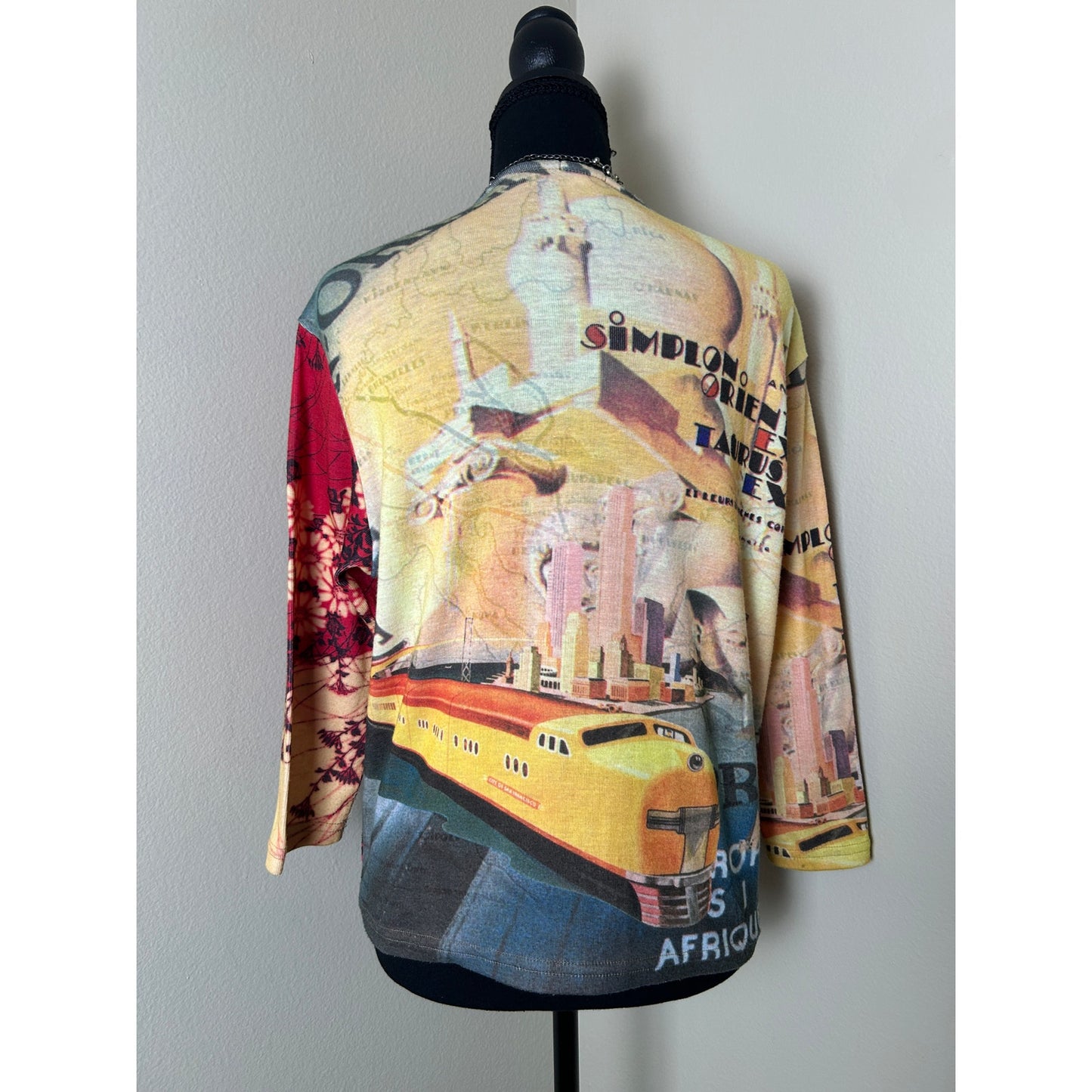 Yukiko Kirschblüten-Grafik-Strickoberteil Größe XL 3/4-Arm Euro Art Y2K T-Shirt