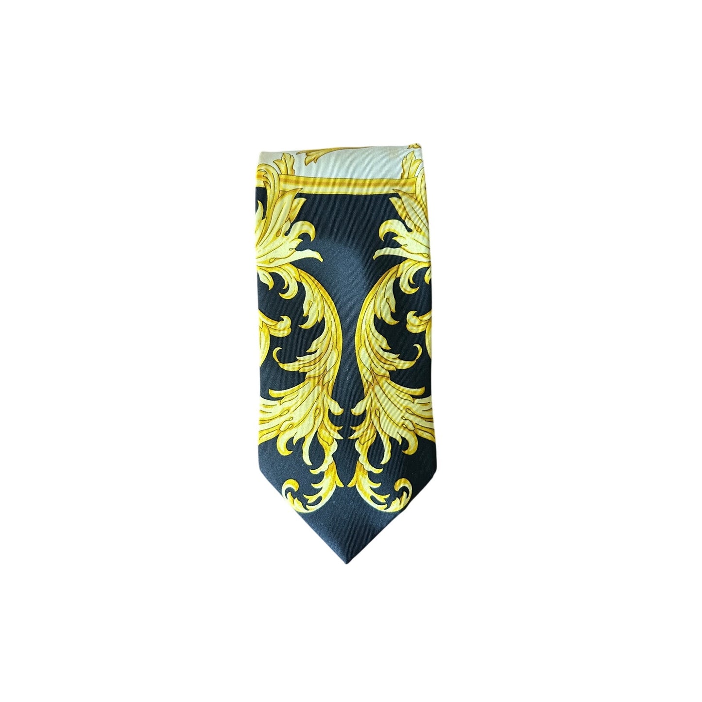 🖤💛 Vintage Couture Seidenkrawatte Barock – Ära 1992/93 – Schwarz-Gold-Print