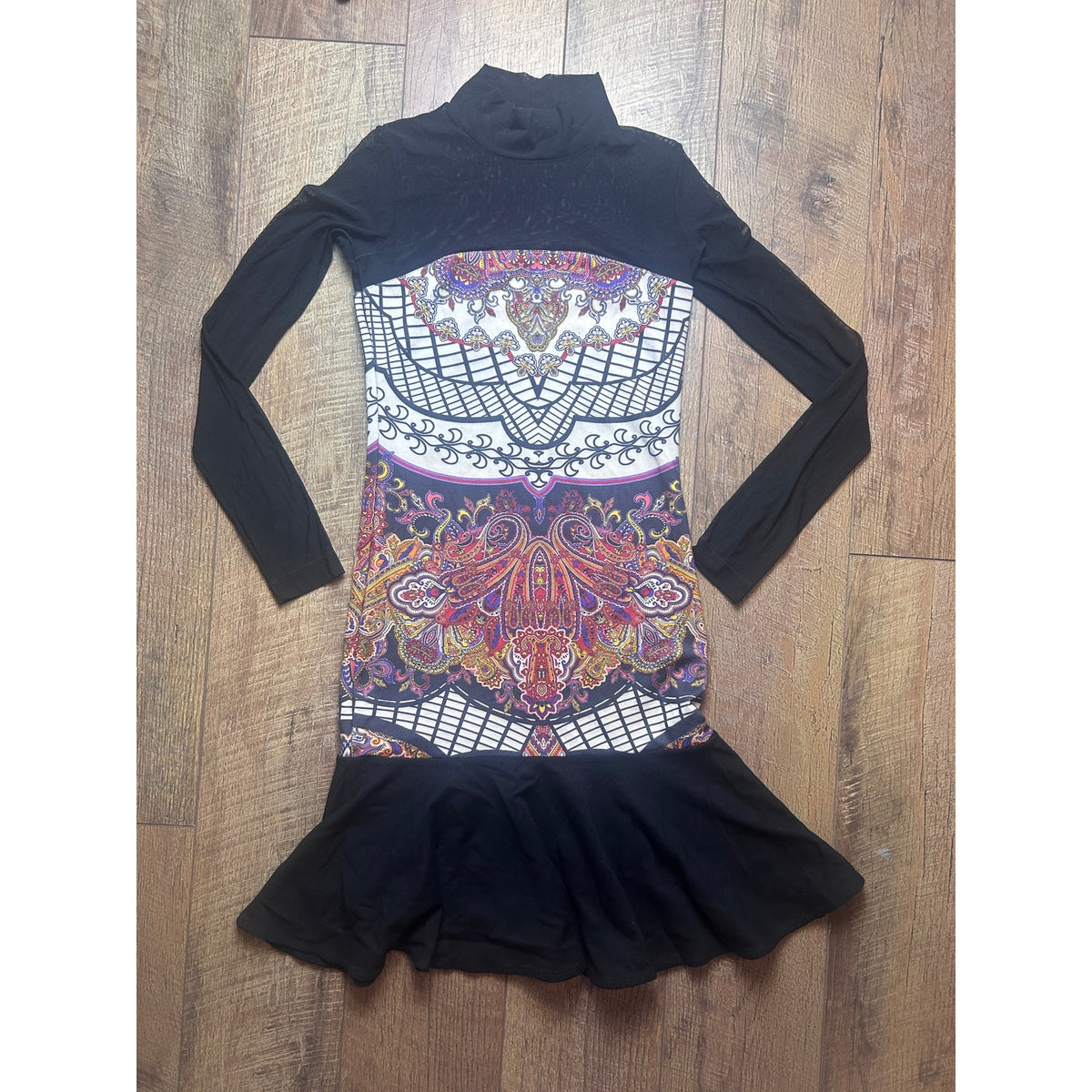 Euro art girl illusion neckline mesh bodycon flare mini dress