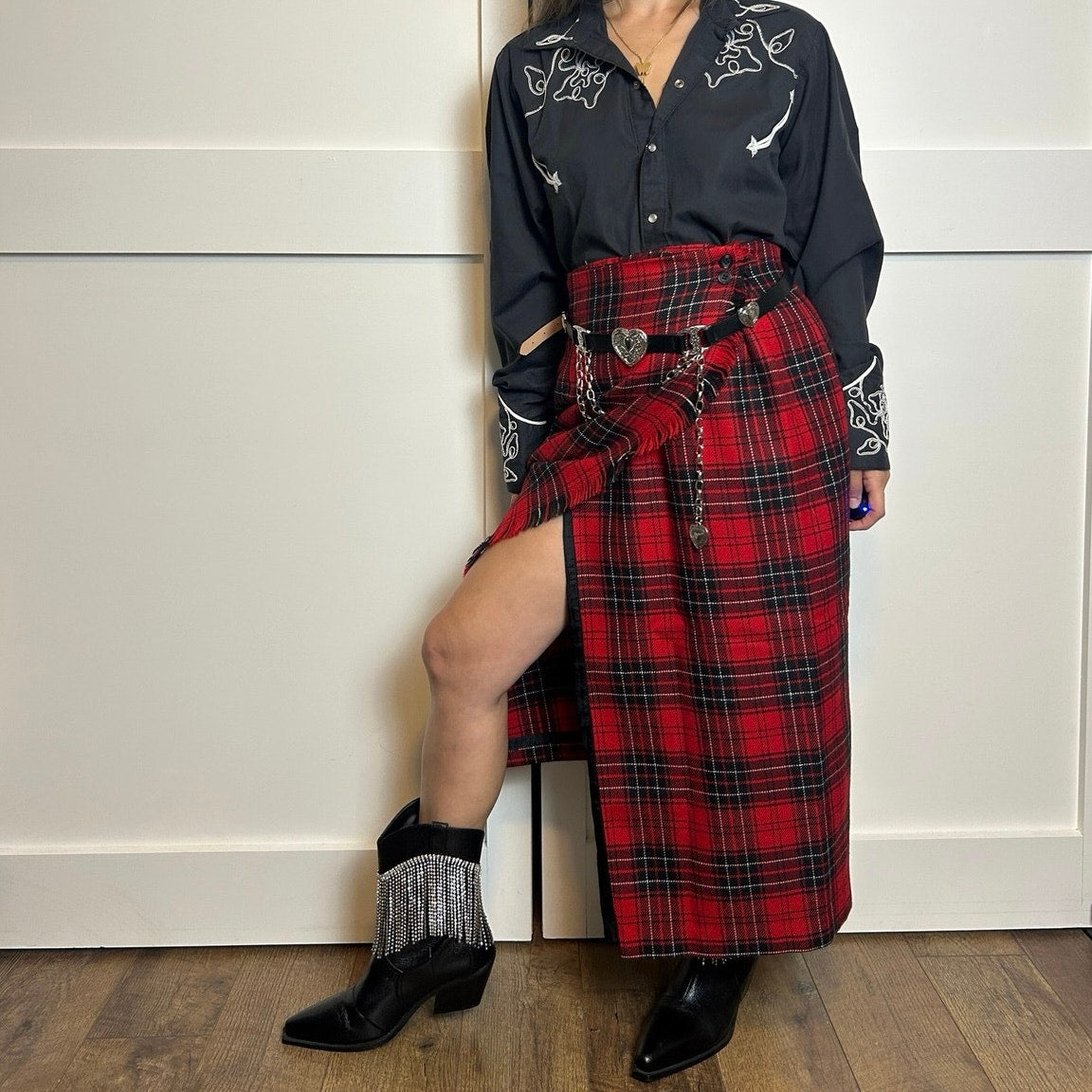 Rafaella karierter Maxirock aus Wolle, Wickelrock, Bleistiftrock, Western, Alt, Punk, Vintage