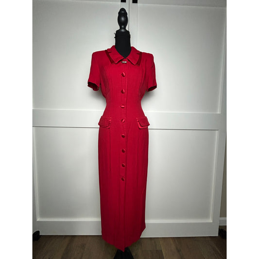 Vintage Red Maxi Shirt Dress Rayon Blend Scarlett Tag Flowy Size S