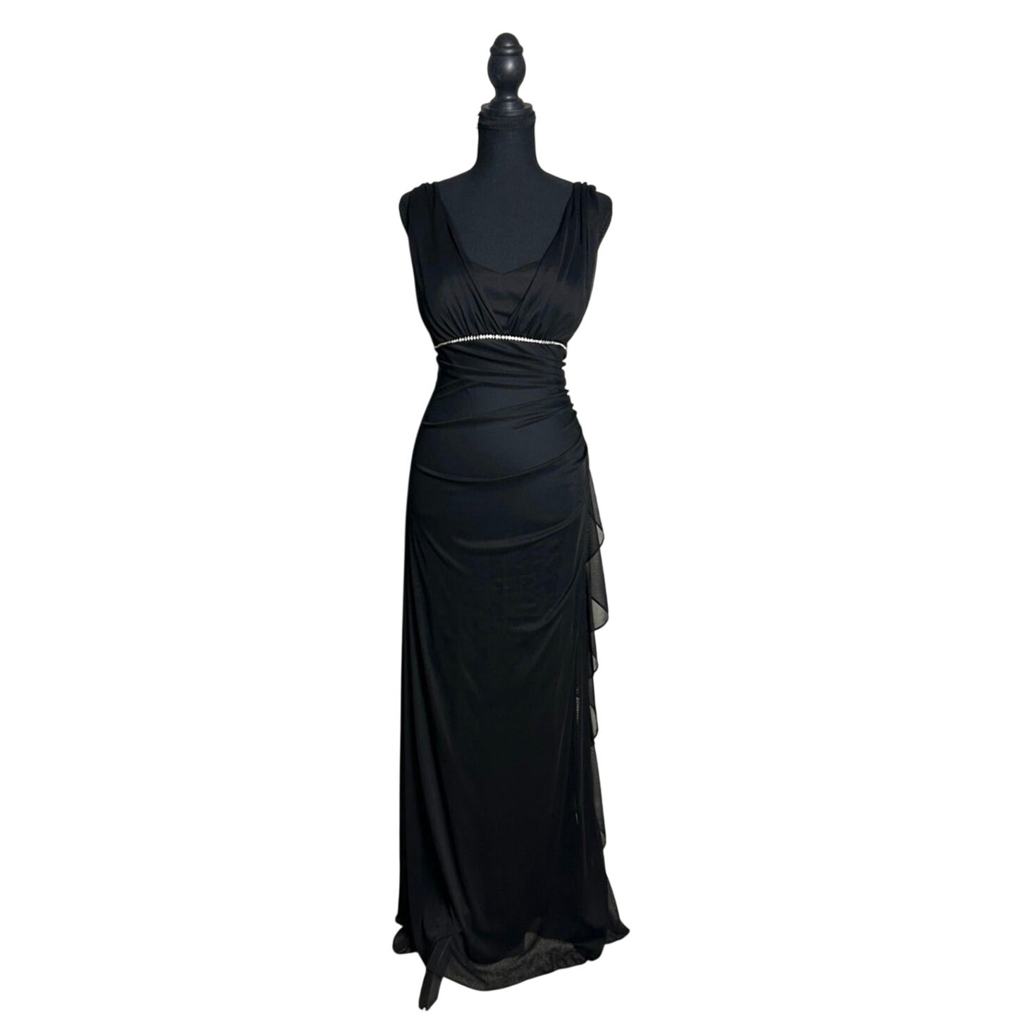 ✨ Betsy & Adam Draped Micro Mesh Dress – Crystal Trim Detail
