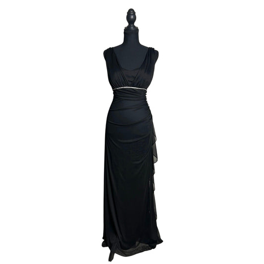 ✨ Betsy & Adam Draped Micro Mesh Dress – Crystal Trim Detail