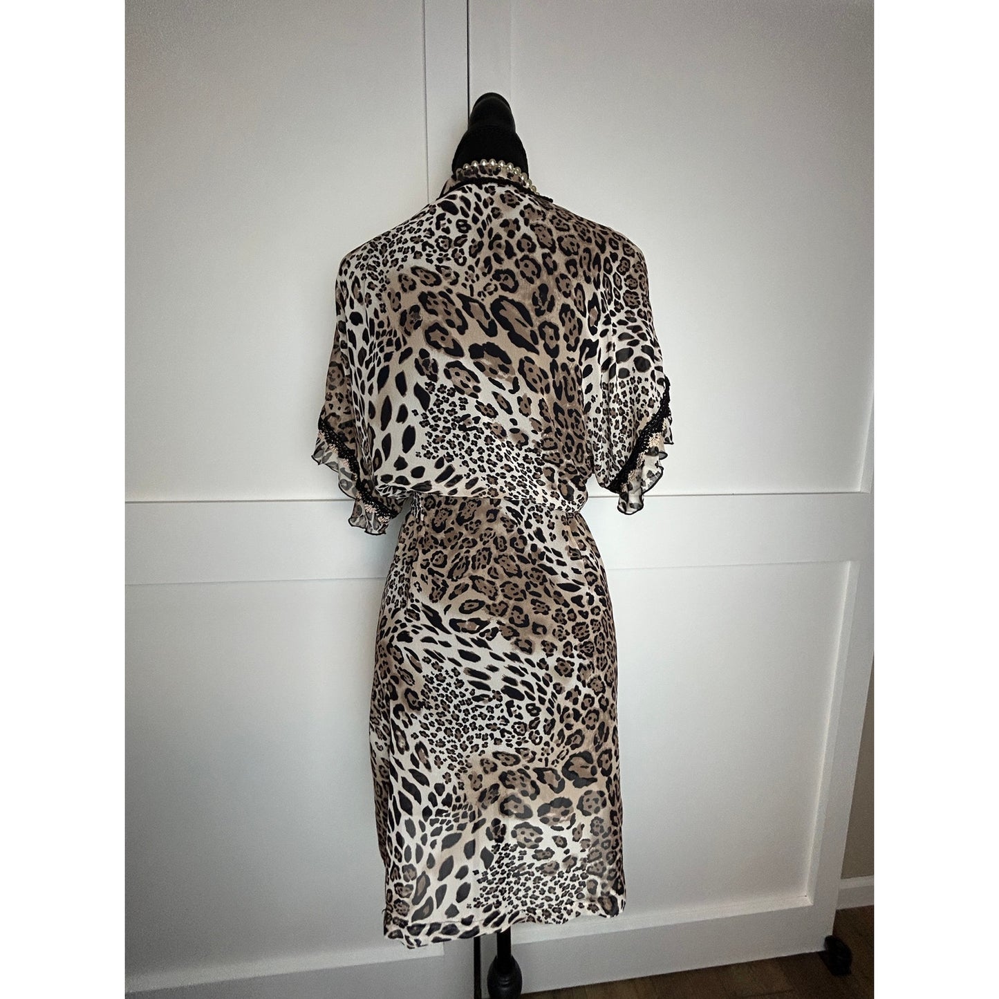 Y2K Indie Sleaze Linea Donatella Cheetah Print Chiffon Lace Ruffle Robe S/M