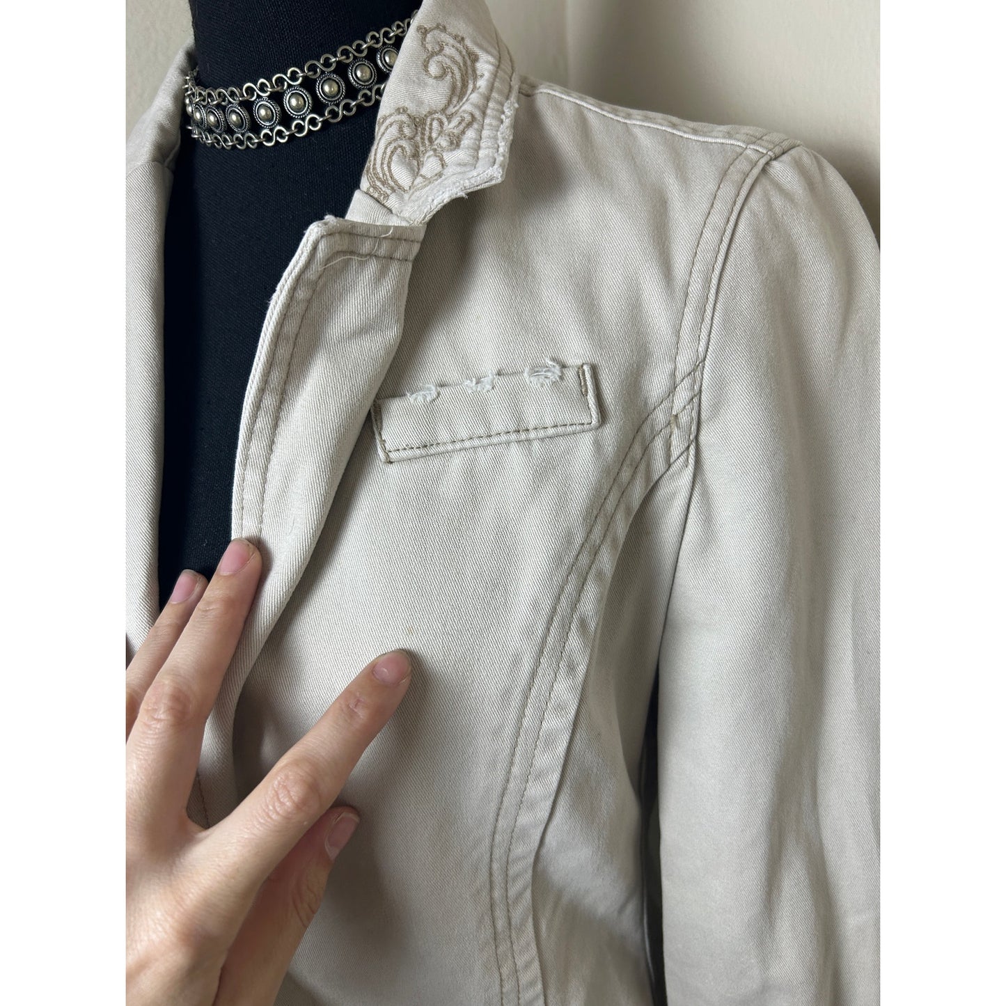 Vintage Y2K Aeropostale Beige Blazer Brass Button Embroidered Snatched Waist Jacket Size S