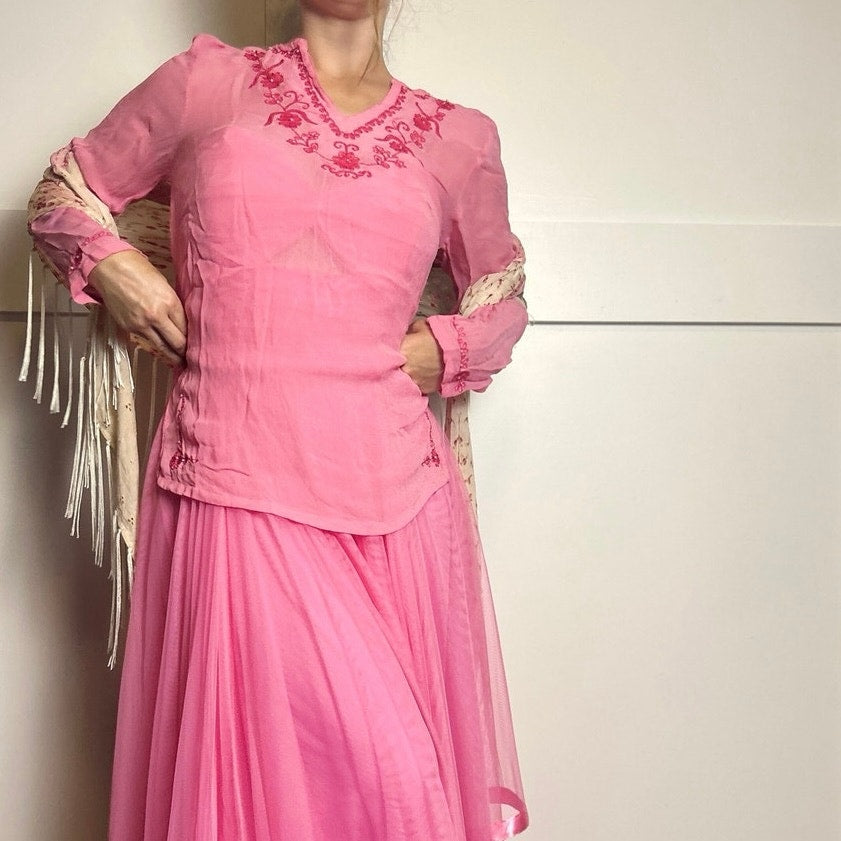 AML pink silk sheer embroidered fairy top size s
