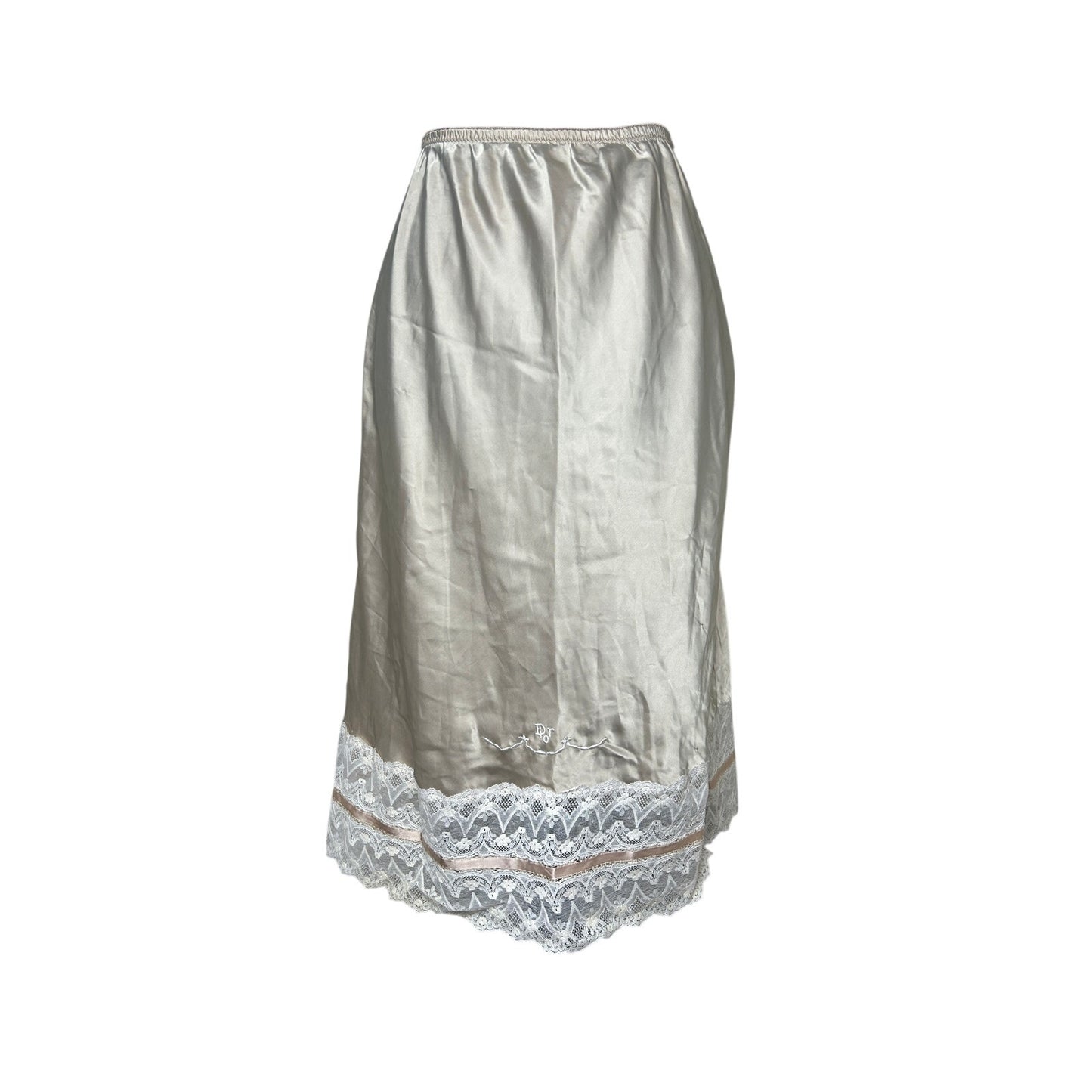 christian dior slip skirt embroidered side slit nylon/ rayon blend size m champagne and cream collored lace