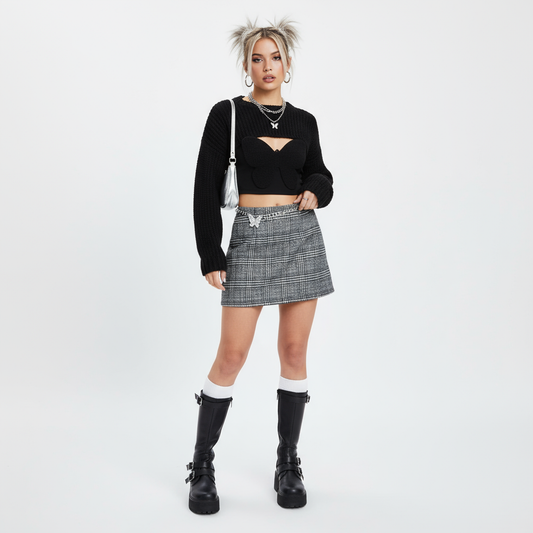 Grey and black plaid skirt modeled