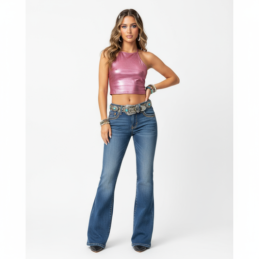 Low rise bootcut western jeans modeled
