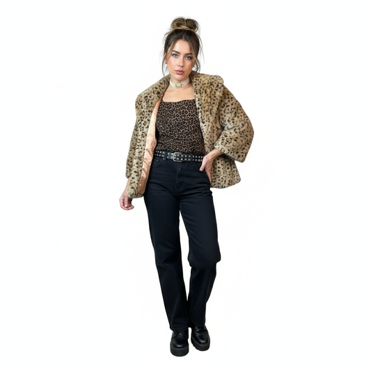 Leopard print faux fur jacket modeled