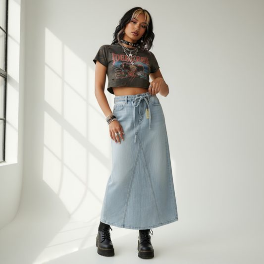 Levi's Belted Denim Maxi Skirt on Model