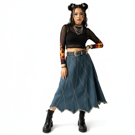 Patchwork Denim Maxi Skirt on Model