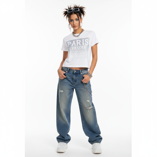 White Paris graphic t-shirt modeled