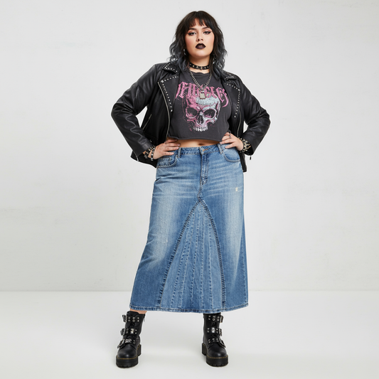 Y2K Distressed Denim Maxi Skirt on Model