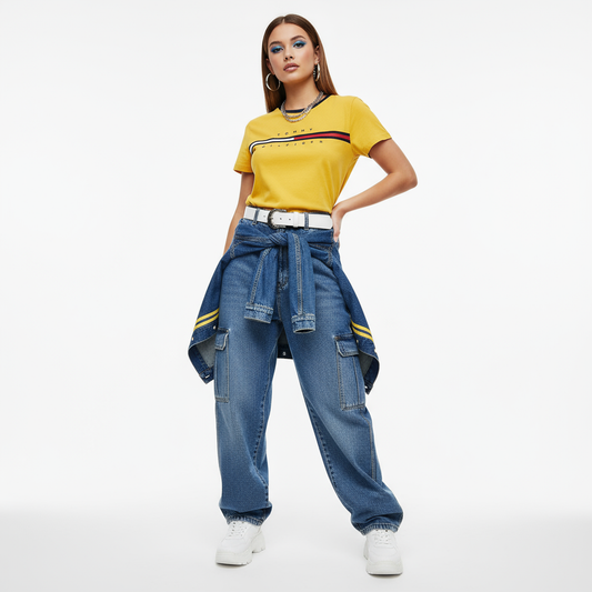 Yellow and blue Tommy Hilfiger outfit modeled